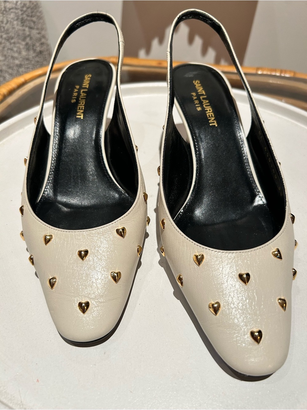 Saint Laurent Cream Leather Slingback Mules with Gold Heart Studs